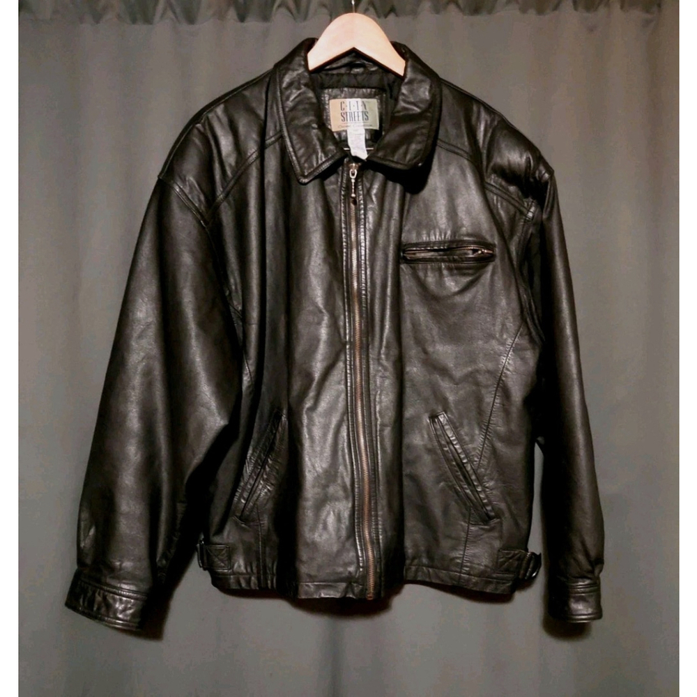 VINTAGE City Streets Leather Bomber Jacket Men Black Highwayman Y2K 90s Sz XL-T